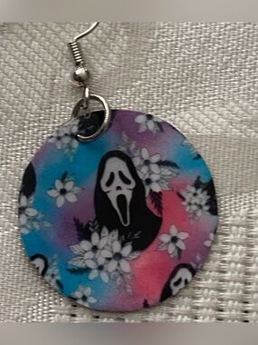 Dangle Earrings Skull Ghost Face Scream Blue  1” Round Handmade Punk Goth New